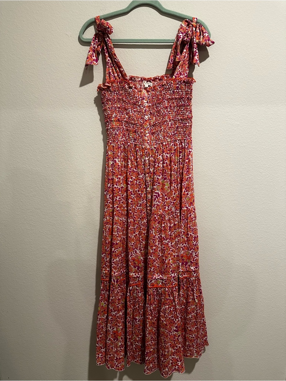 Poupette St. Barth Pink Floral Smocked Tie-Shoulder Midi Dress - Picture 2 of 11